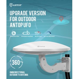 ANTOP TV Antenna for Local Channels, Outdoor HDTV Antenna for Digital Smart TV, Omni Directional UFO Amplified 360 High Reception for RV/Marine 65 Miles Long Range with 33ft Coaxial Cable