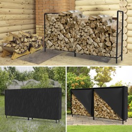 WALMANN 8ft Firewood Rack with Cover, Heavy Duty Firewood Rack With Weather Resistant 600D Oxford Fabric Cover, Indoor/Outdoor Wood Rack for Firewood