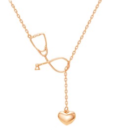 Cutesmile Fashion Jewelry Gold Rose Gold Silver Plated Stethoscope Lariat Necklace,Heart and Stethoscope Pendant Doctor Nurse Jewelry Gift, Metal, No Gemstone