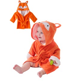 Baby Boys Girls Dressing Gown Viscose Bamboo Bath Robe, Qiuck Dry Bathrobe Soft Towel Robe with Cute Animal Design, Orange Fox 3-4 Years
