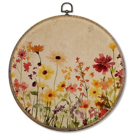 FUGWN Vintage Fall Floral Botanical Round Wall Art Decor Framed, Autumn Cottagecore Wildflower Canvas Artwork Prints, Retro Floral Wall Hanging Decorations for Home Bedroom Living Room, 10x10 Inch