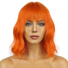 LANCAINI Wavy Wig With Bangs Women's Short Orange Wigs Curly Wavy Bob Synthetic Cosplay Wig for Girls Daily Use Halloween Wigs(12" Orange)