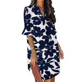 QACOHU Spring Summer Dresses for Women 2025 Ruffle Sleeves Sundress Simple Mini Dress V-Neck Shift Dress Blue White L
