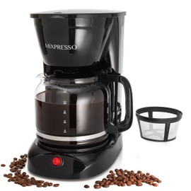 Mixpresso 12 Cup Coffee Pot, Auto-Off & Reusable Filter, Large Drip Coffee Maker, Borosilicate Glass Carafe, Anti-Drip, Water Window, Easy On/Off Switch, Black Coffee Machine