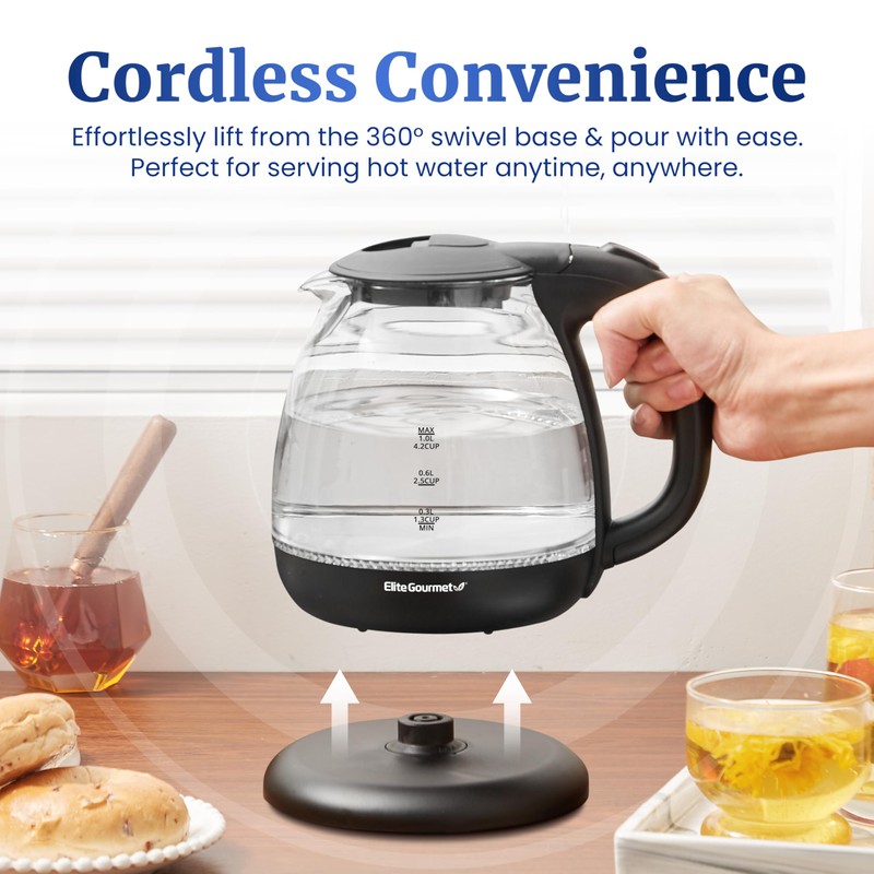 Elite Gourmet EKT1001B Electric 1.0L BPA-Free 1100W Glass Kettle Cordless