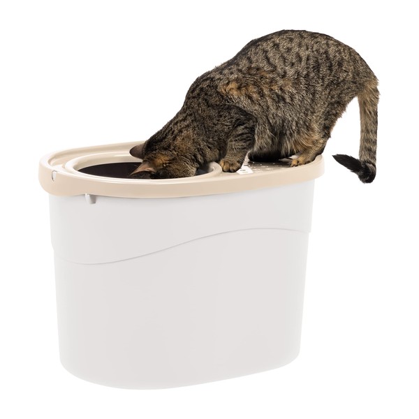 IRIS USA Top Entry Cat Litter Box with Scoop, White/Beige