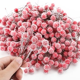 Suncalla 300 Pcs Snow Christmas Artificial Holly Berries Bulk Mini 10 mm Fake Snowy Berries Decor Flocked Ornaments for Christmas Tree Wreath Table Kitchen Wall Decorations