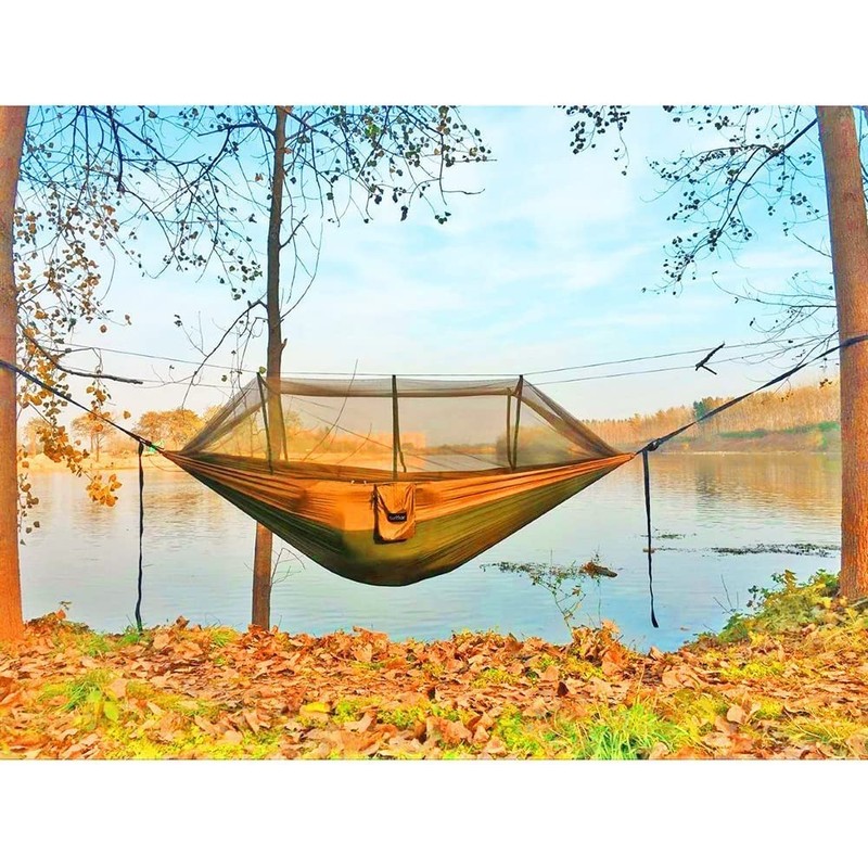 Army Green Camping Hammock with Net - Lightweight Portable Double