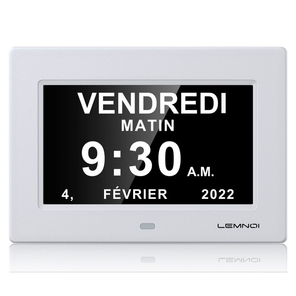 LEMNOI 7 Inch LCD Digital Clock, Calendar with Date and Time, Not Abbreviated, Automatic Dimming, 8 Languages, HD Display, Alzheimer's Reminder, Elderly and Children (White)