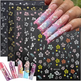 6 Sheets Flower Nail Stickers for Nail Stickers,Self Adhesive Hibiscus Nail Art Stickers 3D Pink White Silver Gold Flower Nail Design Stickers Summer Floral Nail Decals for Women Girls Nail Supplies