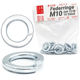 Lun Fix Spring washers M10 DIN 127, pack of 10, galvanised steel, spiral spring washer, spring washer shape B, spring washers for screws, threaded rod, spring lock washers with rectangular cross