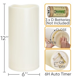 Homemory 6" x 12" Extra Large Outdoor Waterproof Candle with Auto 6-Hour Timer, Ivory Plastic Made, Long Last for Half A Year, Set of 2