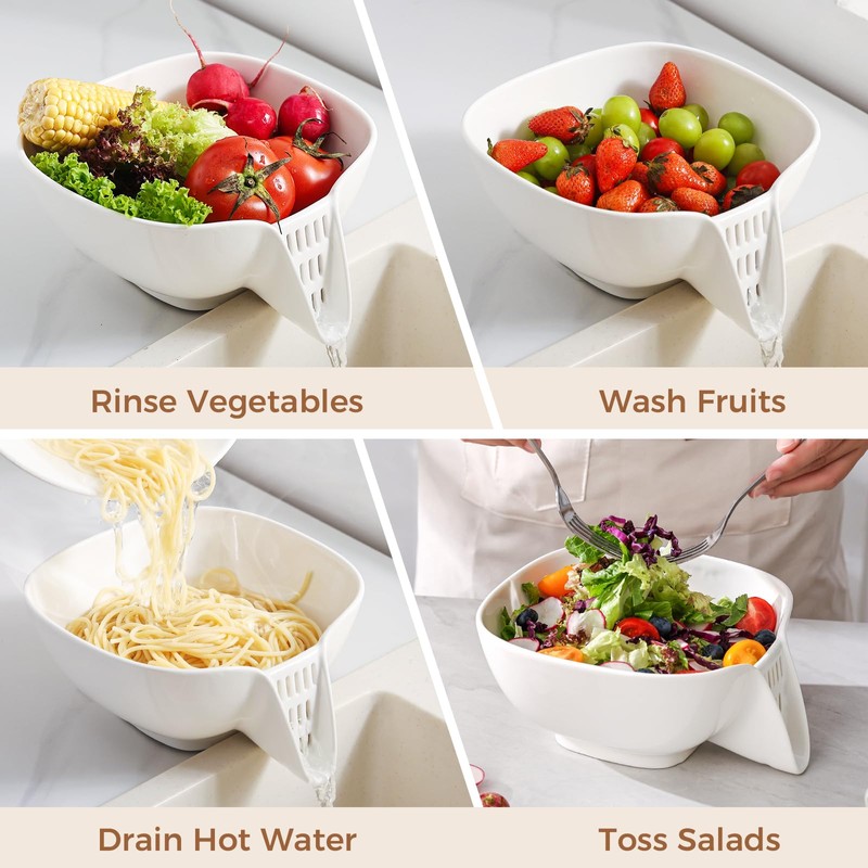 DIZADA Multifunctional Ceramic Drain Basket with Integrated Drain Spout, Colander