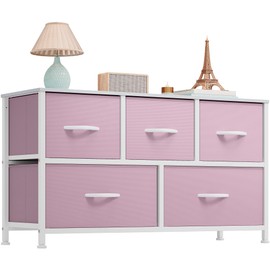 YITAHOME Wide Storage Tower with 5 Drawers - Fabric Dresser, Organizer Unit for Bedroom, Living Room, Closets & Nursery - Sturdy Steel Frame, Easy Pull Fabric Bins & Wooden Top (Pink)