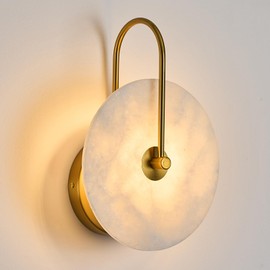 Fanyank Round Alabaster Wall Sconce, Natural Marble Lampshade Wall Sconce, Hardwired Circular Sconce LED Modern Wall Lamp for Bedroom, Stairs, Living Room, Bedside, Hallway 9.84 Inch Gold