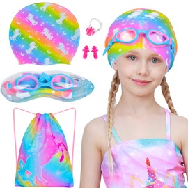 Kids Swim Caps for Girls Long and Short Hair, Child Toddler Teens Silicone Waterproof Swim Cap with Swimming Goggles and Swim Bag for Girls Boys(Age 6-12) (Rainbow Unicorn, 3-6 Years)
