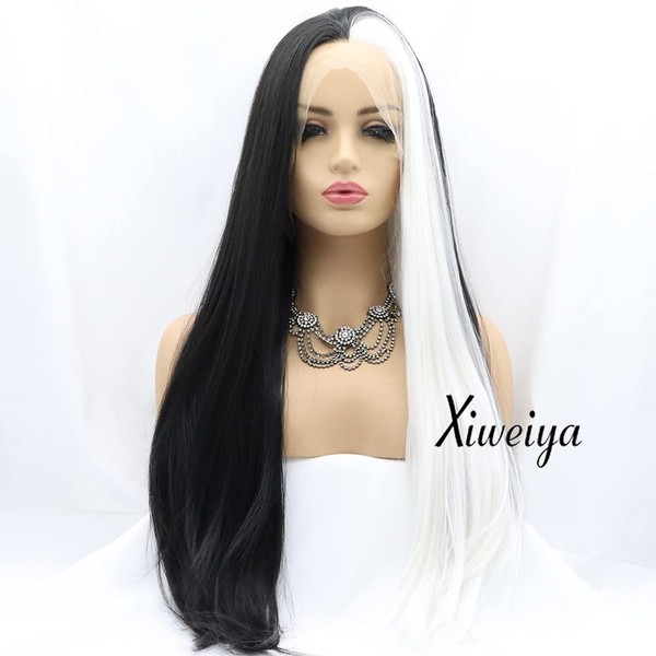 Straight White Synthetic Hair 13x3 Lace Front Wig Mermaid Piano Half Platinum Blonde Half Black Middle Part Soft Wig