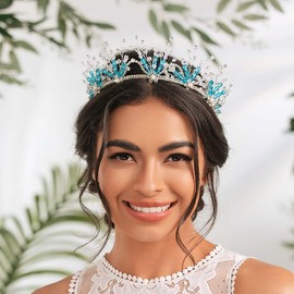 IYOU Crystal Princess Wedding Headband Crown Blue Rhinestone Hair Bands Tiaras Glitter Birthday Communion Hair Accessories for Flower Girls