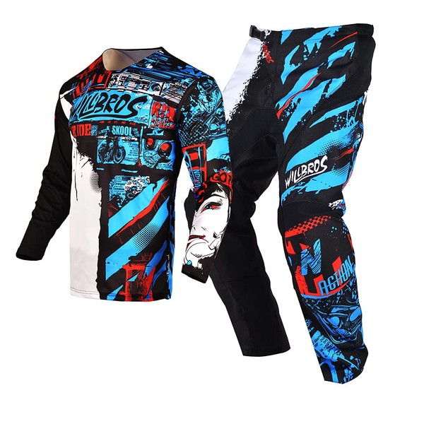 Willbros Youth Jersey Pant Combo Kids MX Motocross Gear Set Children Racing Suit Off-road MTB ATV Motorcycle Boys Girls Blue YM