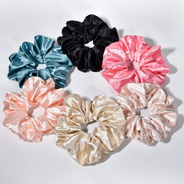 CEELGON Big Real Silk Scrunchies for Hair Satin Oversized for Sleep Large Scrunchie for Curly Hair Silk Thick Elastic Hair Ties Jumbo Hair Scrunchies 6 Pack (black, champagne, pink,khaki, blue, shell pink)