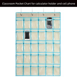 KEEPJOY Classroom Pocket Charts for Cell Phone Calculator Holders, Pocket Organizer for Cell phone Jail with 30 Clear Pockets chart Size 33.5 x 24.5 Inch Classroom Pocket Storage (Beige-30pockets)