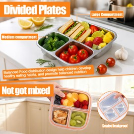 Palksky Stainless Steel Toddler Plates with Lids - 3-Pack Divided Baby Plates for Portion Control, Microwave & Dishwasher Safe Easy-Clean Lunch Trays