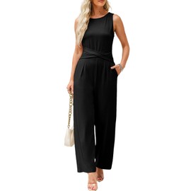 Happy Sailed Black Jumpsuit for Women Stretchy Sleeveless Crewneck One Piece Jumpsuits Summer Criss Cross Wide Leg Long Pants Romper with Pockets Black Medium