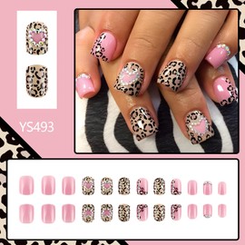 24Pcs Heart Press on Nails Short Square Valentin Day Fake Nails Leopard Acrylic Nails Glossy Glue on Nails Cute Designs Full Cover Artificial False Nails Valentin Stick on Nails for Women