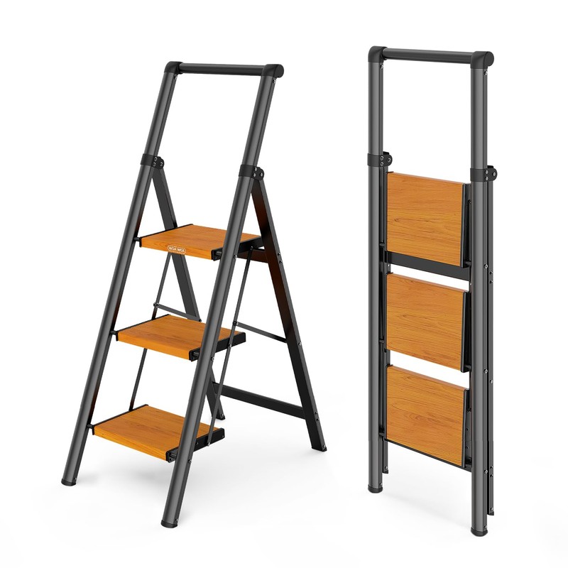 WOA WOA 3 Step Ladder, Ladders for Home, Anti-Slip Pedals,
