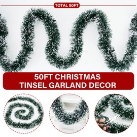50Ft Christmas Garland,Green Christmas Tinsel Garland Christmas Metallic Twist Garland Ceiling Hanging Christmas Garland for Indoor Outdoor Xmas Tree Stair Fireplace Party Christmas Decor