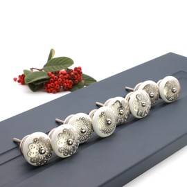 Infinity Decor Pack of 8 White & Silver Floral Morden Design Ceramic Cabinet Knobs - 40mm Pull Handles for Kitchen Cupboard Doors, Wardrobe, Drawers