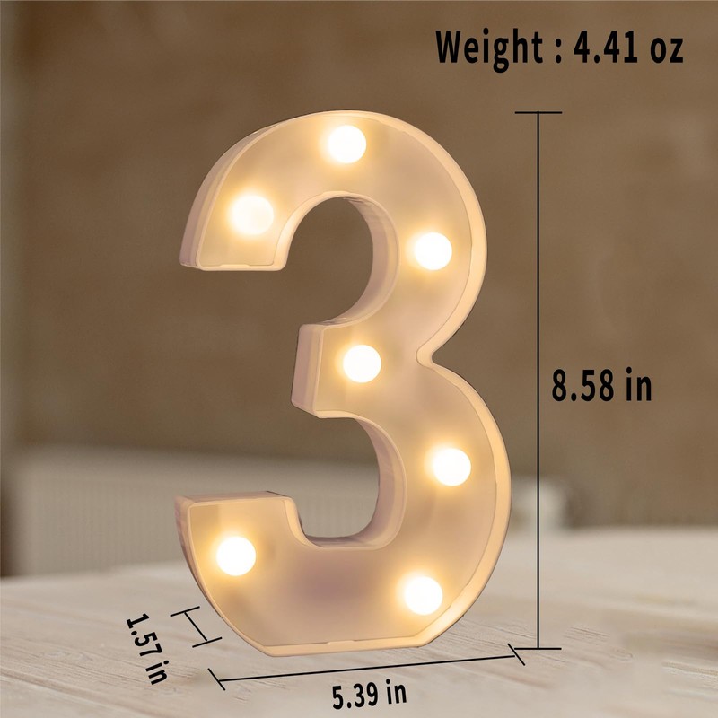 QEOCP LED Light Up Numbers 3, Lighted Numbers for Parties,