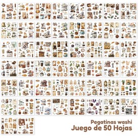 Libro Pegatinas Vintage Journal Albumes de Recortes 50 Hojas Pegatinas Washi Precortadas Papel Decorativo Notas Sticker Paisajes Naturaleza Café (Marrón)