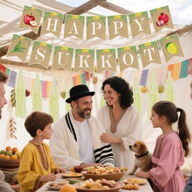 VorkiVecKi Happy Sukkot Party Decorations - 3 Pcs Jewish Religious Sukkah Banner and Hanging Streamers Fringe Curtains Harvest Fruits Apple Etrog Party Supplies Decors for Festival Holiday Celebration