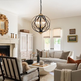 Black and Gold Chandelier, Modern Farmhouse Chandelier 17.7" Geometric Sphere Chandelier for Foyer 6 Lights Metal Industrial Pendant Light Fixture for Dining Room,Kitchen Island,Entryway,Stairs
