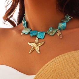Olbye Starfish Shell Necklace Gold Seashell Pendent Necklaces Summer Charm Trendy Choker Necklace Statement Fashion Surfer Necklaces Boho Beach Jewelry for Women (Blue B)