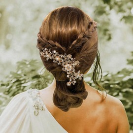 QUEOUNR Wedding Hair Comb, Rose Gold Bridal Hair Combs with Rhinestone Pearl Hair Clip Vintage Hair Accessories for Brides Women Girls,H26