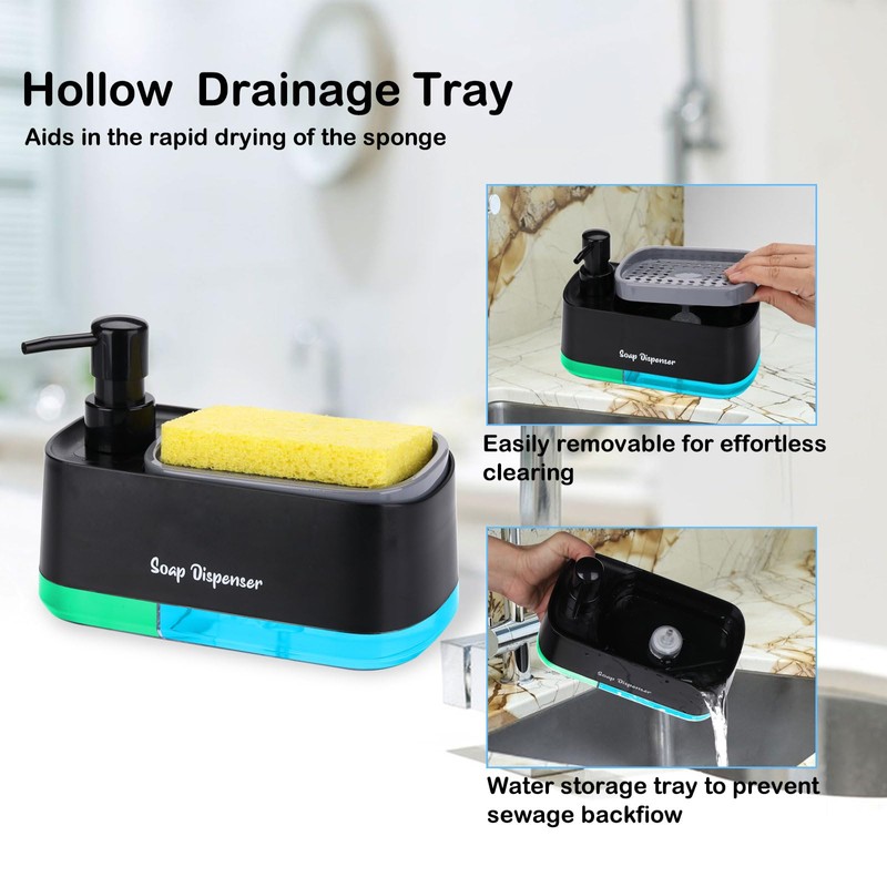 GINZER Dish Soap Dispenser for Kitchen Countertop with Sponge Holder
