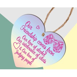 Pixie's Gifts Humorous Friendship Wooden Heart Plaque - Unique Gift for Best Friends - Funny Alcohol and Judging Theme - Modern Rustic Home Decor - Approx. 10cm x 9cm