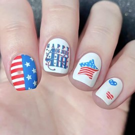 4th of July Press on Nails Small Square Fake Nails Red Blue Striped Five-Pointed Star Short Matte Press on Cute Design Full Cover American Independence Day False Nails Tip Stick on Nails for Women 24