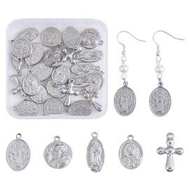 COGCHARGER 30 Pieces Oval with Virgin Mary Charm Pendant Christian Cross Charm Our Lady Crucifix Pendant for Jewelry Necklace Earring Making Crafts