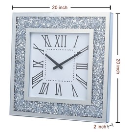 Silver Mirror Clock Crystal Sparkle Twinkle Bling Crush Diamond Mirrored Large Wall Clock for Wall Decoration Silver Glass Mirror Home Décor. AA Battery is not Included. (20 inches-Square)