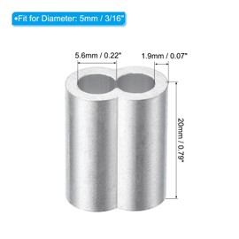 sourcing map 3/16" 5mm Aluminum Crimping Loop Sleeve Double Ferrule for Wire Rope Cable Line End, Silver 25pcs