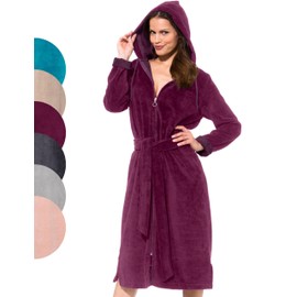 Morgenstern Women's Dressing Gown with Zip, Hood, Terry Cloth, Velour, Luxury Dressing Gown, bordeaux