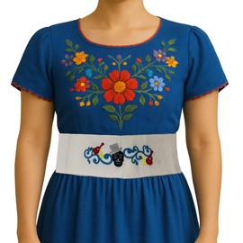 Traditional Mexican Artisanal Waist Belt, white with catrin guitar Decorative Embroidery calabera