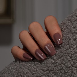 KQueenest Press on Nails Kurz Mittel – Sheer Nude Braun Nägel zum Aufkleben mit Kleber, Einfarbig Eckig Fake Nails Grau, Sarg Künstliche Nägel Set für Frauen & Mädchen, 28 Stück