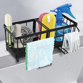 Mooshy Sponge Holder for Kitchen Sink Organiser, Stainless Steel Sink Caddy with Self-Draining Drain Tray for Dish Dishcloth Rags Brush Soap Scrubber (Black)