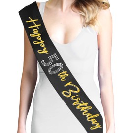 50th Birthday Decorations - Gold Glitter & Rhinestone Happy 50th Birthday Premium Satin Sash - 50th Birthday Gifts for Women - Black