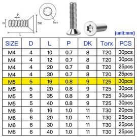 Mbsomnus Pack of 30 Flat Head Screws M5 x 16 mm Torx Screws M5 Stainless Steel A2 V2A with Hexalobular / Torx Drive Countersunk Screws Machine Screws Standard for Wood Home Furniture Metalwork