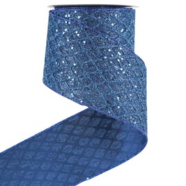 HUIHUANG Navy Blue Wired Christmas Ribbon 4 inch Navy Glitter Wired Ribbon Diamond Mesh Wire Ribbon for X-mas Tree Decorations, Wreaths, Garland, Large Bows Making, Home Decor -10 Yards